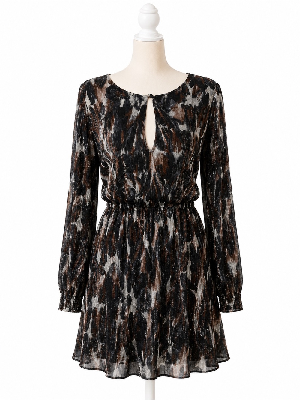 Evereve Dress Small Metallic Shimmer Long Sleeve Tiered Ruffle Mini Keyhole